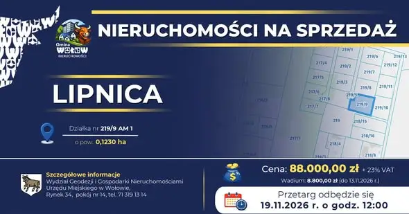 Gmina Wołów ogłasza IV przetarg na działkę w Lipnicy