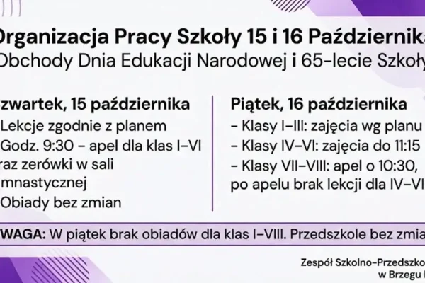 Dzień Edukacji Narodowej i 65-lecie szkoły – zmiany w organizacji zajęć w ZSP nr 3 w Brzegu Dolnym
