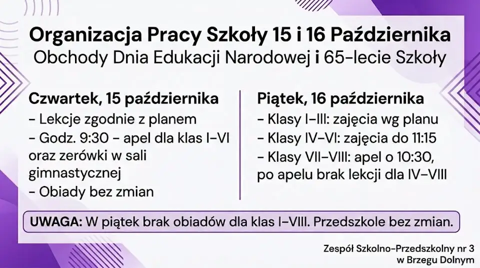 Dzień Edukacji Narodowej i 65-lecie szkoły – zmiany w organizacji zajęć w ZSP nr 3 w Brzegu Dolnym