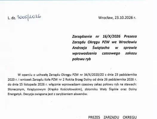 Zakaz wędkowania na czterech akwenach w Brzegu Dolnym – potrwa do 15 listopada