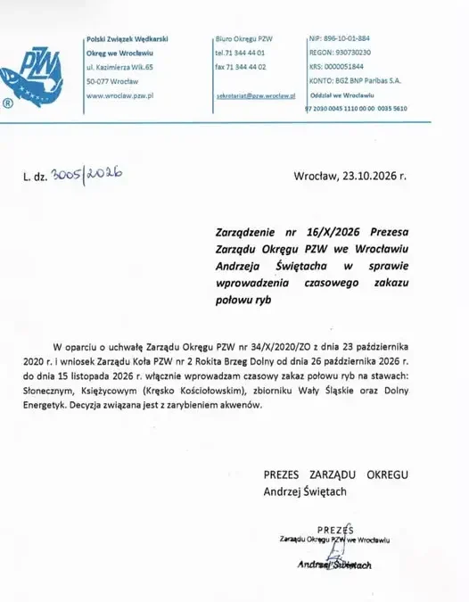 Zakaz wędkowania na czterech akwenach w Brzegu Dolnym – potrwa do 15 listopada